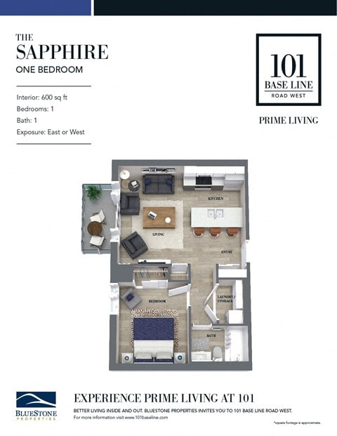Floor plan for 1 bed, 1 bath, 601 sqft